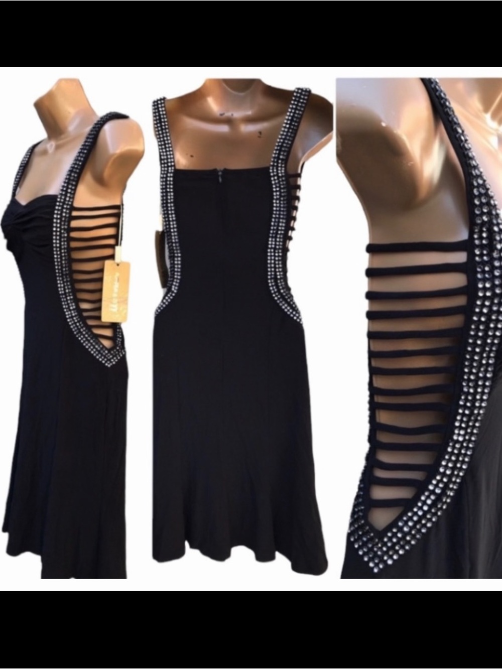 AFRA Black Backless Strappy Dress with Rhinestone Trim
